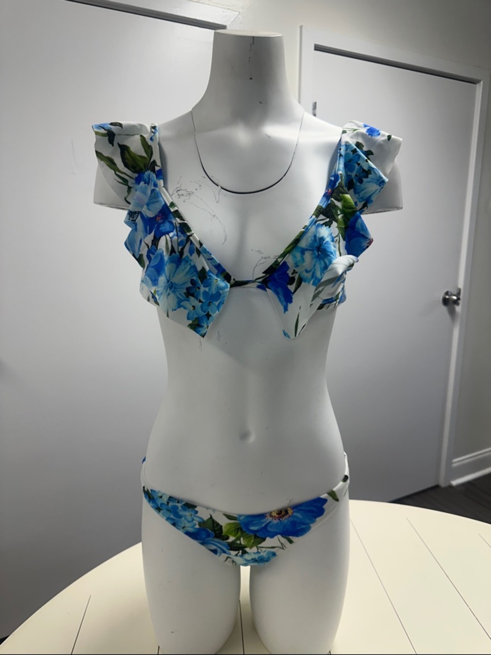 Milly of New York White Bikini with Blue Floral Print